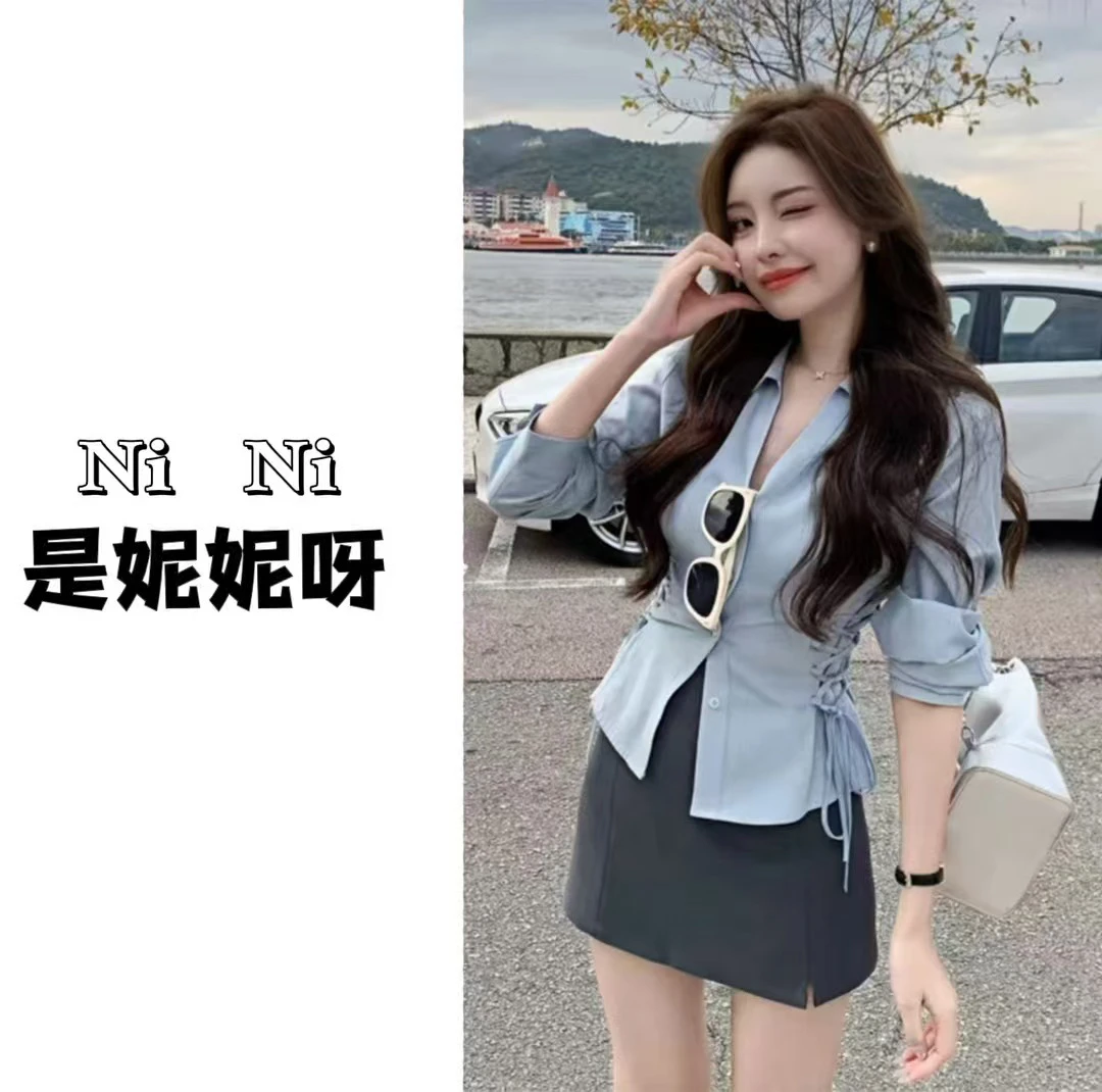 韩系气质翻领长袖女2025春季新款套装设计感收腰显瘦休闲衬衫