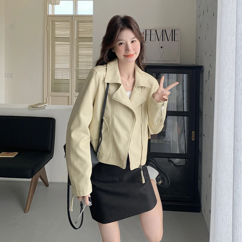 黄色机车皮衣外套女春季新款韩版高级感小个子洋气炸街PU夹克上衣