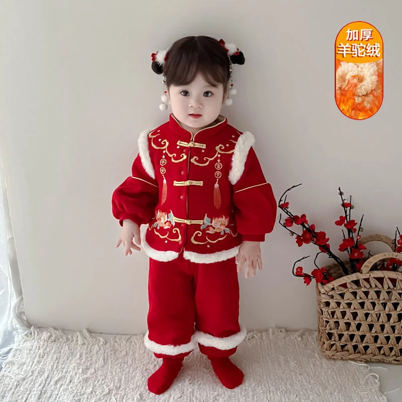 女童衣服秋冬季套装拜年女宝宝喜庆过年新年周岁礼服抓周分体冬装