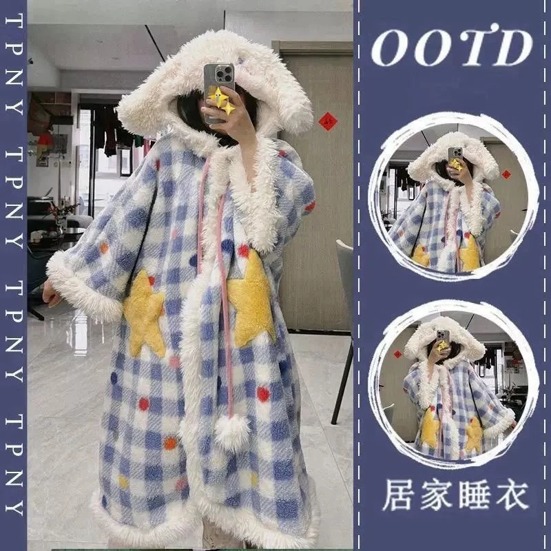 2025新款可爱卡通大耳狗冬季睡袍女加绒加厚斗篷连帽家居服套装