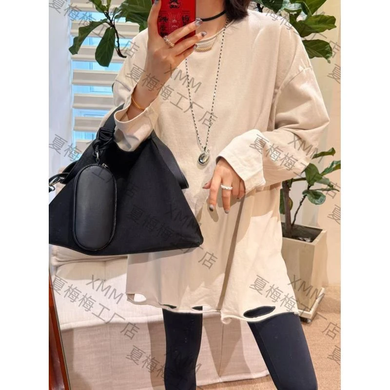 XMM.《G割破洗水棉长袖t》秋款时尚百搭潮流洋气舒适显瘦长袖T-0209