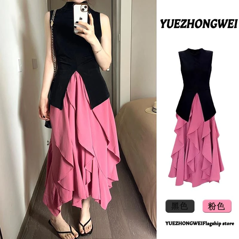 粉色荷叶边不规则半身裙女夏季2025新款法式高级感仙女a字长裙子