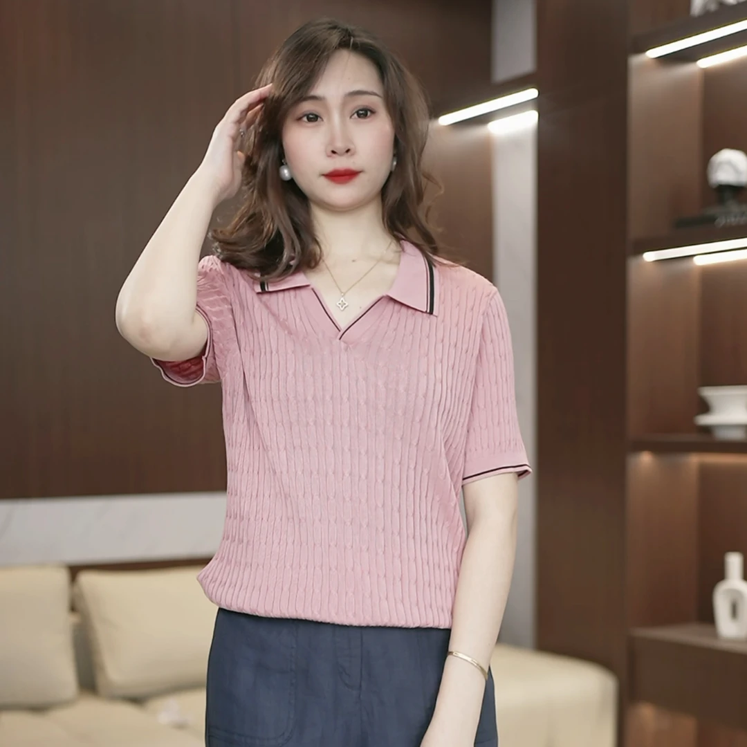 高档麻花翻领短袖针织衫妈妈夏装T恤2025纯色百搭休闲上衣女3064