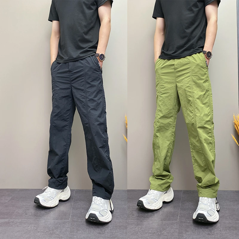 新款男士2025夏季休闲裤宽松直筒裤拼接纯色凉感阔腿裤时尚运动裤