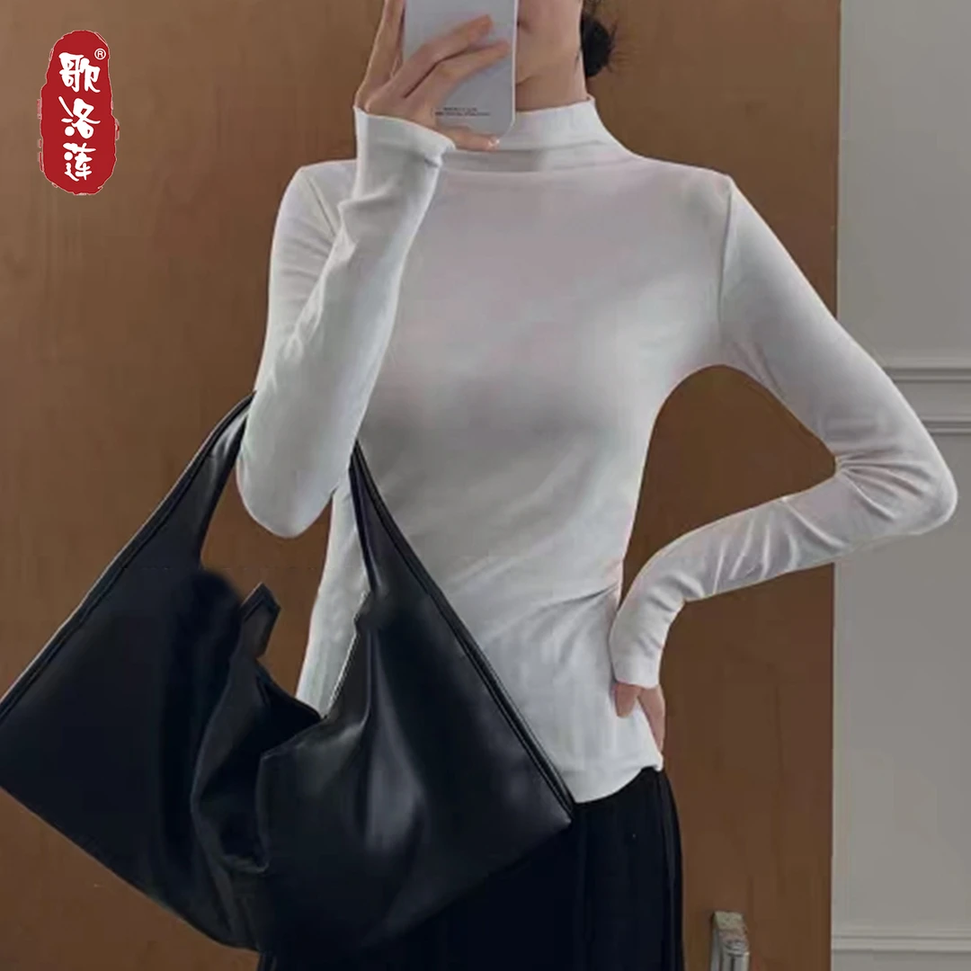 欧洲站简约时尚半高领长袖T恤女2025秋冬高弹百搭修身显瘦款上衣