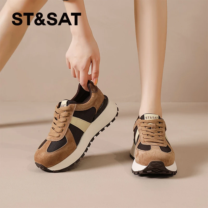 星期六真皮厚底拼色德训鞋女2025新款秋季小蛮腰阿甘鞋休闲运动鞋