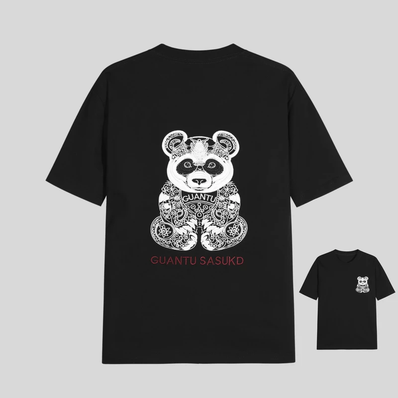 314光感熊猫重工国潮刺绣短袖T恤男女同款情侣宽松圆领半袖中国风