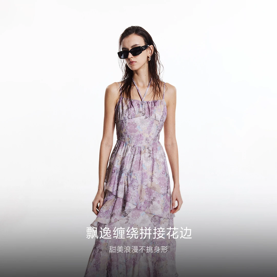 ONLY25春夏新款气质三色梦幻蝴蝶印花拼接花边连衣裙|125107072