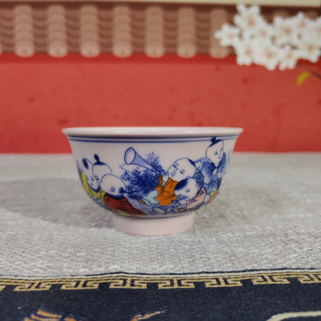 景德镇陶瓷红稀土斗彩童子聚宝盆茶杯主人杯压手杯品茗杯喝茶杯