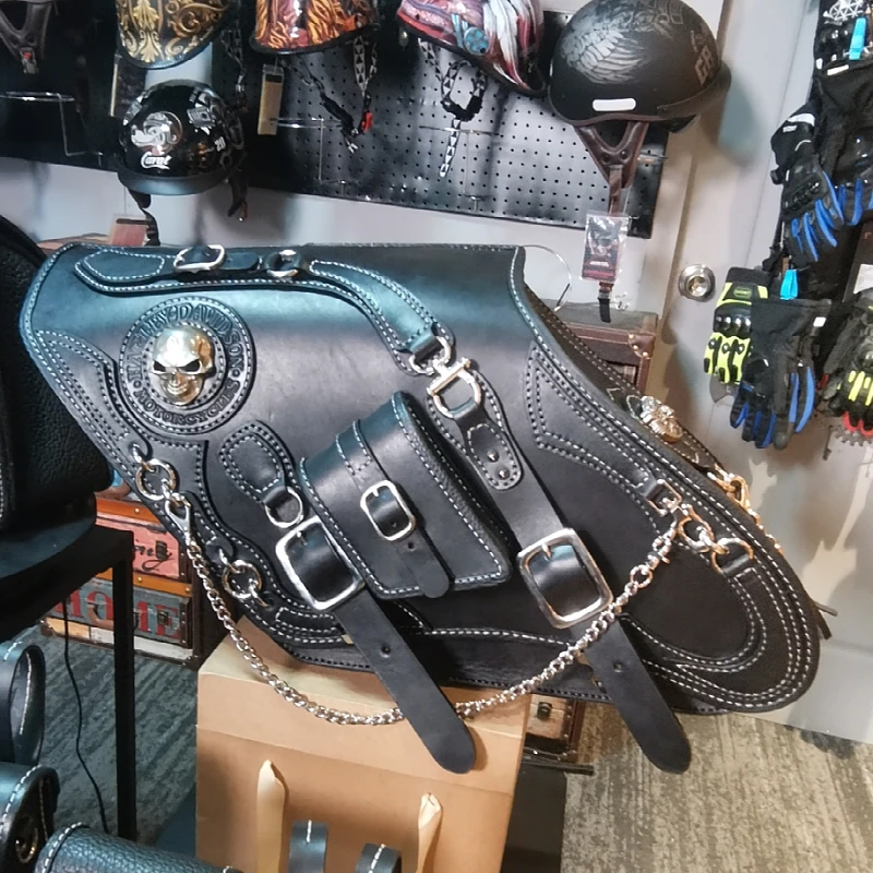 复古摩托车改装边包 骷髅头装饰手工定制骑行包