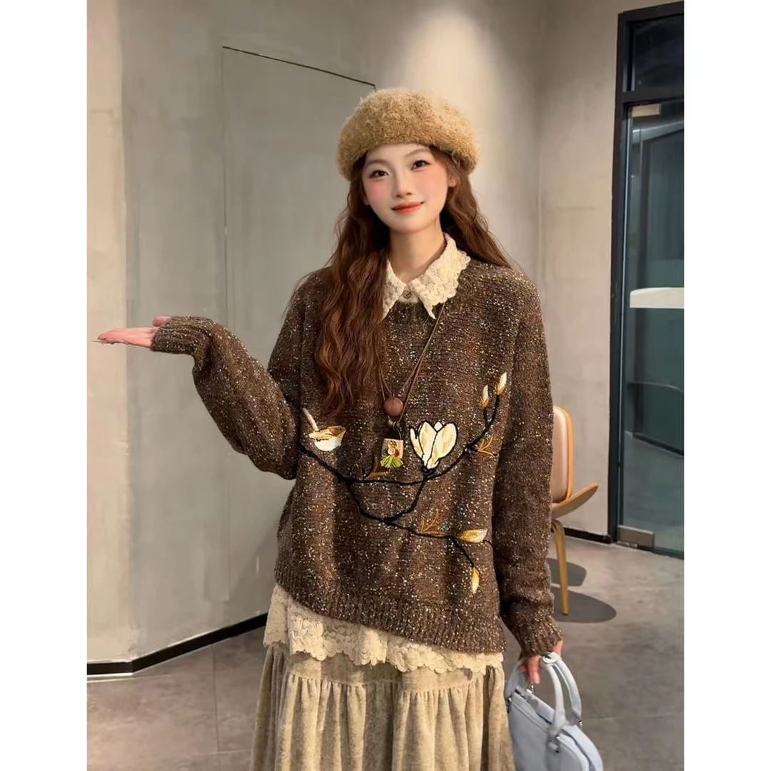 VGVL毛衣秋冬季彩点线百搭慵懒风花朵复古针织毛衣