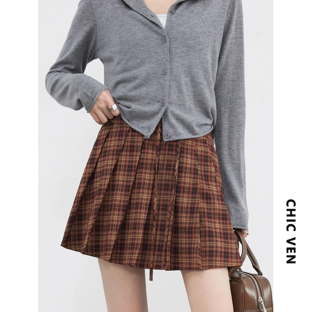 初夏新款高腰假抽绳设计格纹a字半身裙百褶短裙125XQ30149