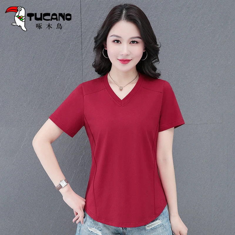 啄木鸟V领短袖t恤女2025新款夏季薄款小个子妈妈洋气时髦纯棉上衣