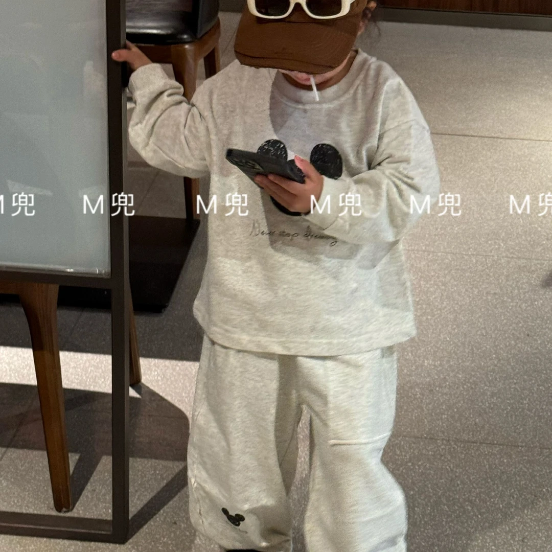 2025年春季新款米奇头印花百搭设计灰色男女同款儿童套装