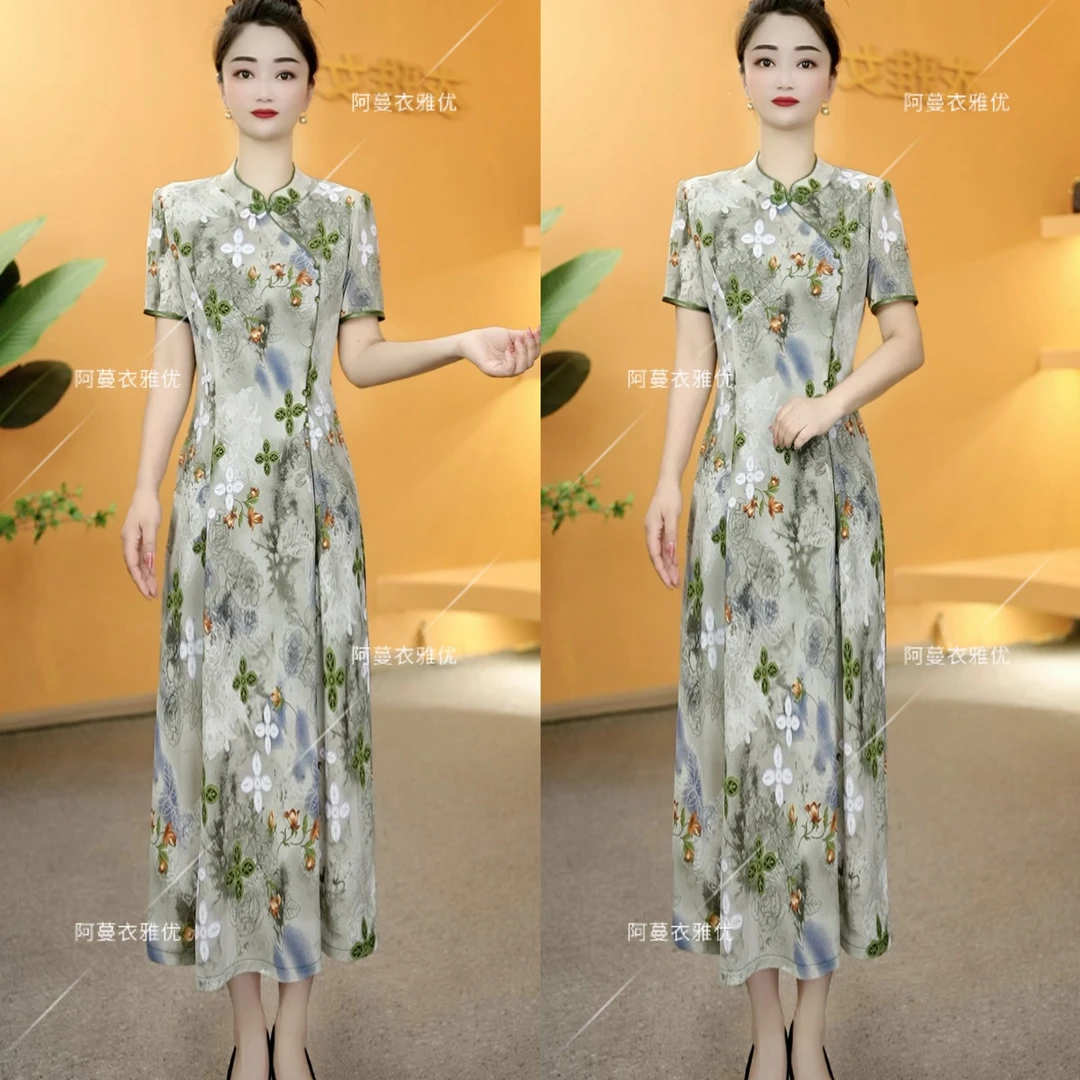 【衣雅严选】8088-1957#新款修身手工钉珠气质水晶扣旗袍连衣裙