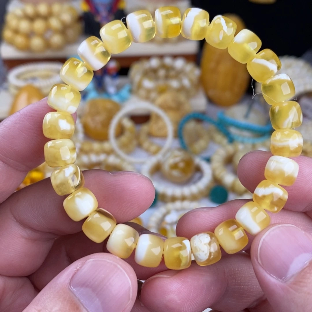 蜜蜡未镶嵌手链金瓷白妖花9mm