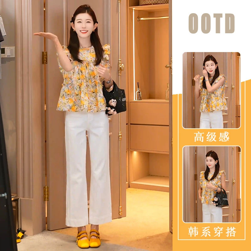 巨好看的小衫法式绝美上衣黄色圆领碎花无袖衬衫夏季百搭休闲裤女