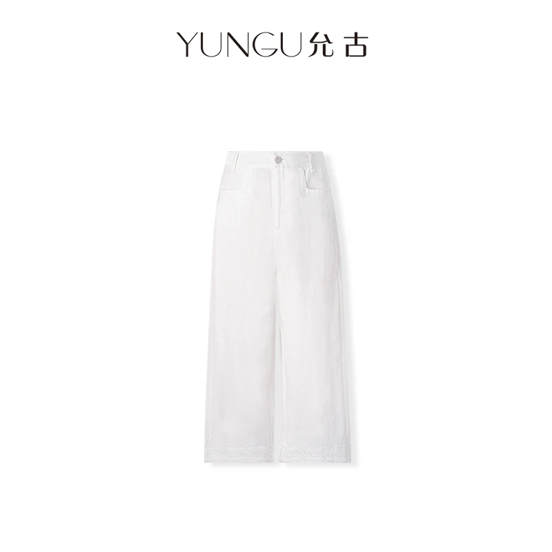 YUNGU允古 法式宽松直筒天丝亚麻牛仔九分裤夏季百搭高腰白色裤子