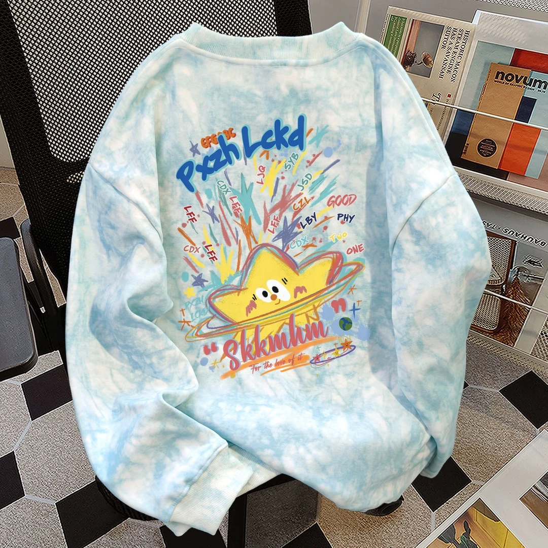 宽松气质时尚显瘦扎染圆领卫衣男女港味复古chic秋冬加绒加厚上衣