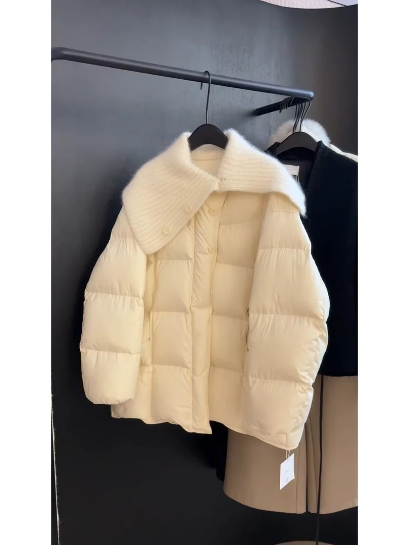 韩系高级感针织领拼接棉服女2025冬季新款设计感短款小众保暖外套