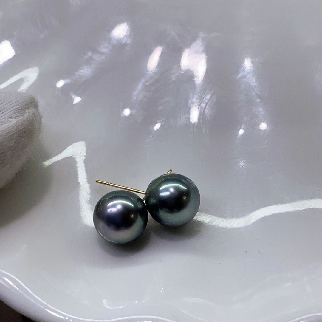 海水珍珠耳饰18K金镶嵌9-10极光孔雀绿
