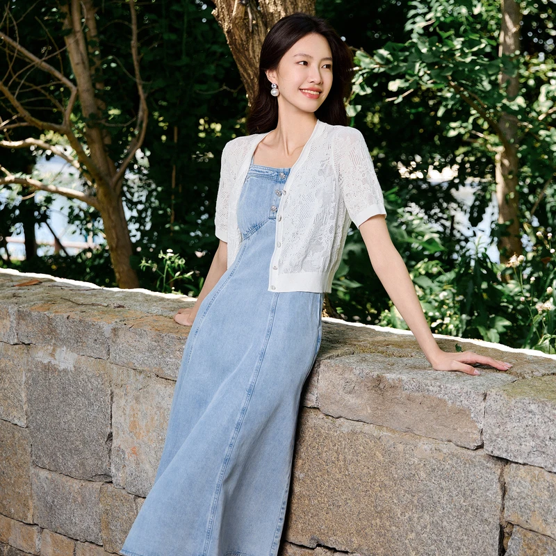 【千颂妮专享】DOUBLOVE天丝空调牛仔收腰吊带连衣裙长裙