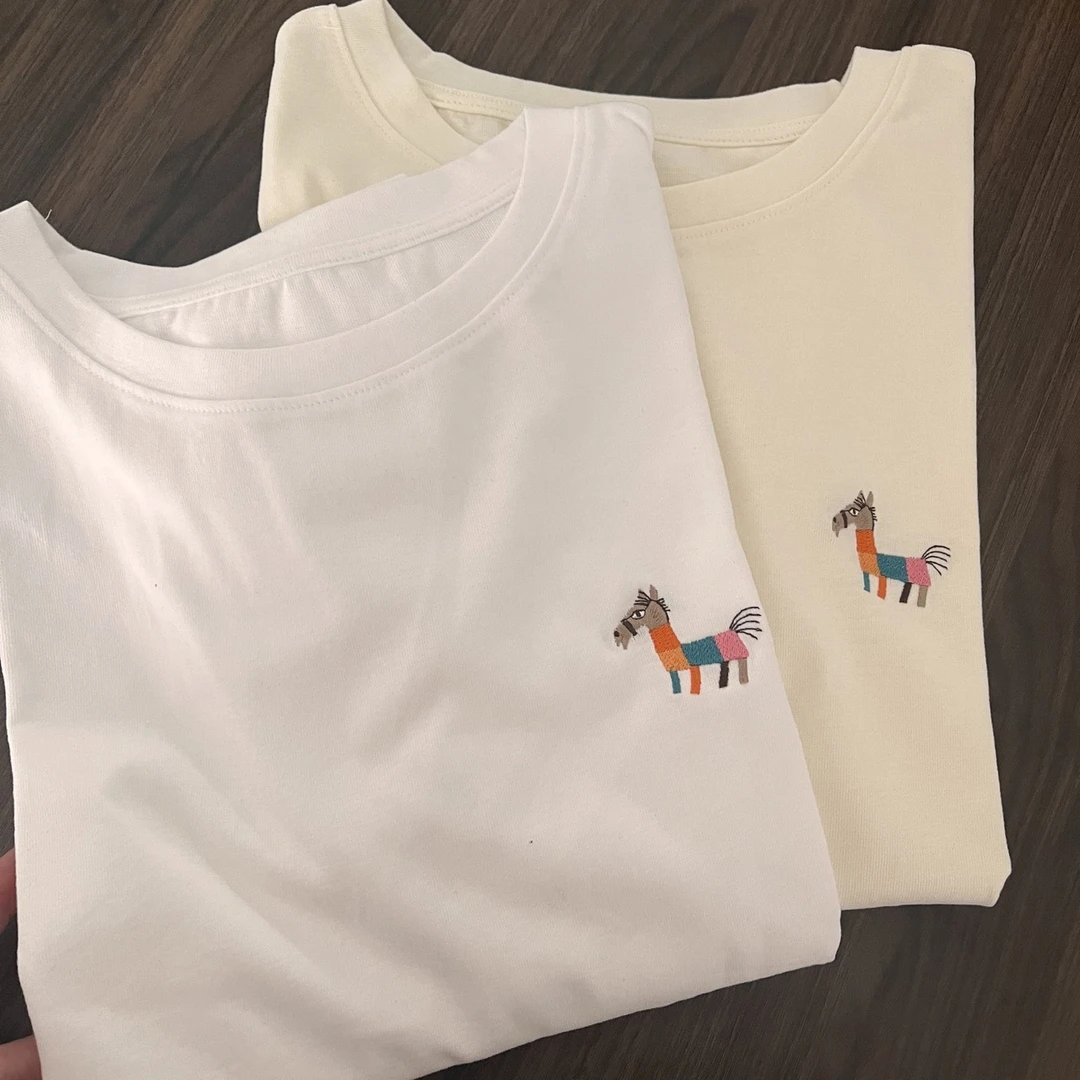 刺绣彩马T恤纯棉宽松潮牌T恤3小只短袖女国潮小众设计高复古上衣