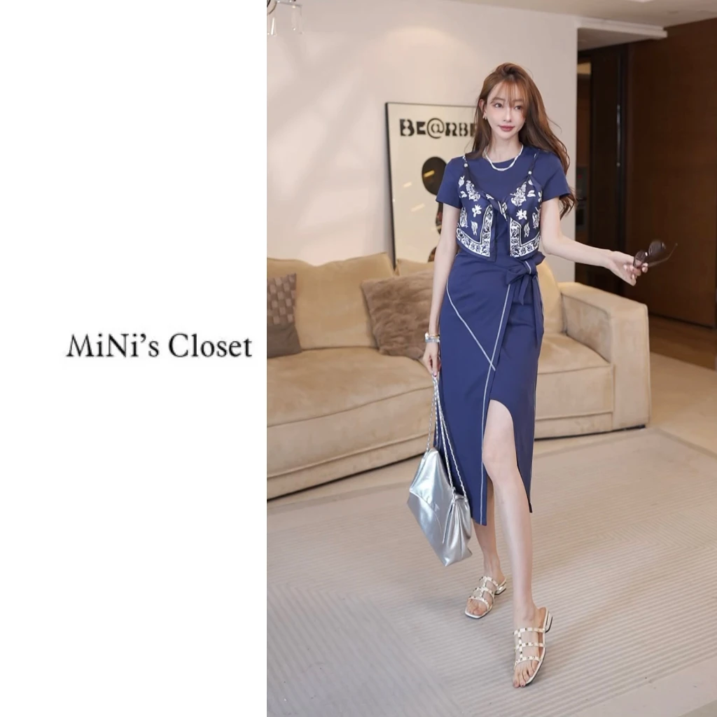 【MiNi推荐】新款常规轻奢连衣裙夏季圆领时尚开叉拼接连衣裙JE2248