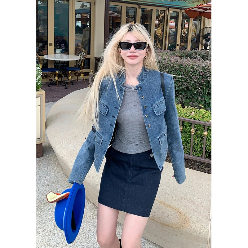 2025秋季中古立领正肩做旧水洗蓝牛仔外套女时尚气质休闲百搭上衣