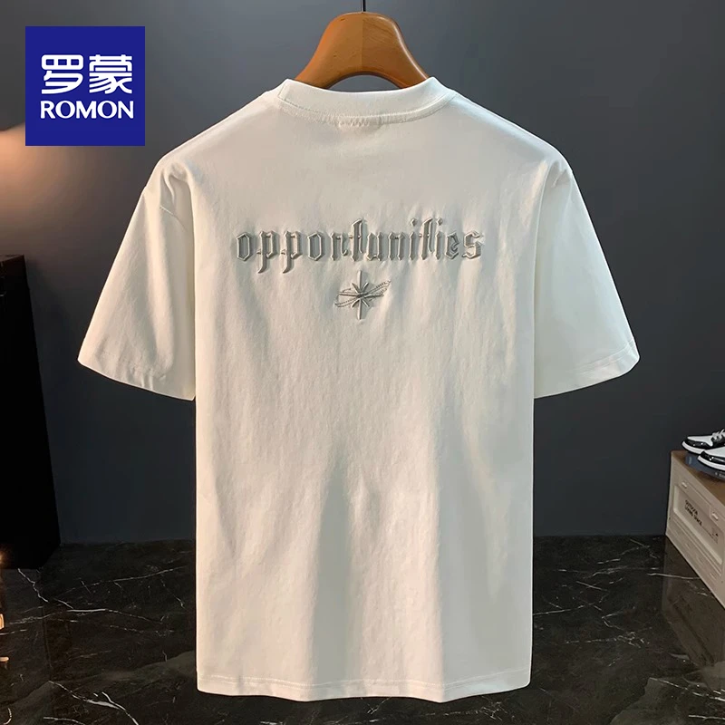 罗蒙2025新款刺绣短袖t恤男士夏季白色薄款简约T恤衫休闲半袖上衣