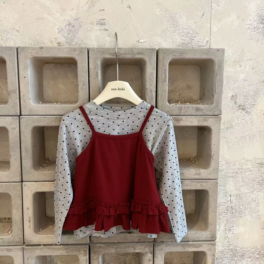 【两件套】25110（红色）两件套 女童韩版 百搭波点吊带 两件套上衣