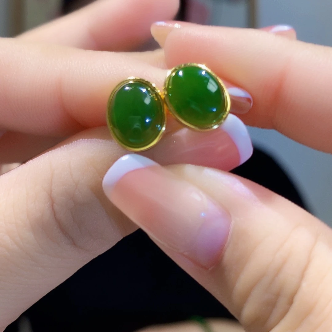 和田玉（碧玉）耳饰银S925镀金镶嵌
