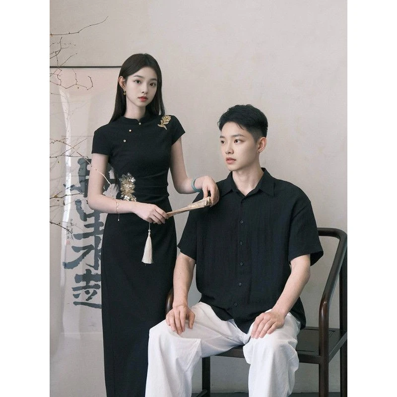 黑色中式国风【度华年】改良旗袍连衣裙女夏季新款气质修身刺绣长裙