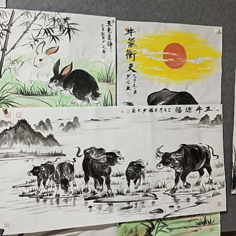 所***然五牛迎福国画纯手绘作品
