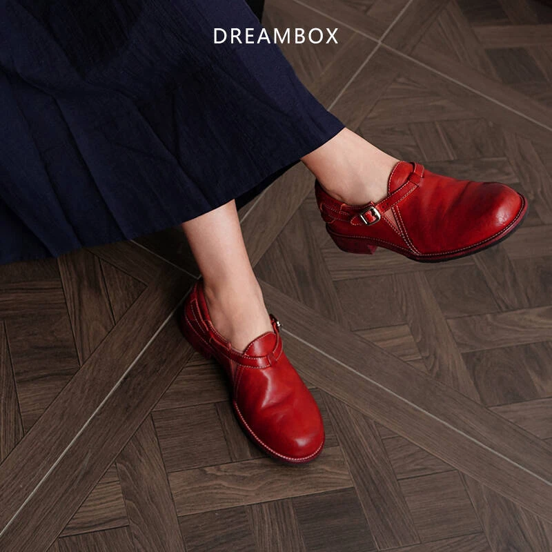 DREAMBOX钧博水洗马皮英伦小皮鞋时尚气质一脚蹬单鞋搭扣乐福鞋