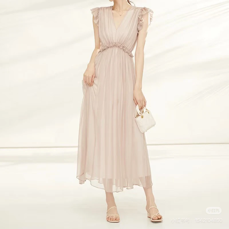 气质高端荷叶边V领褶皱无袖收腰显瘦夏季连衣裙59-99