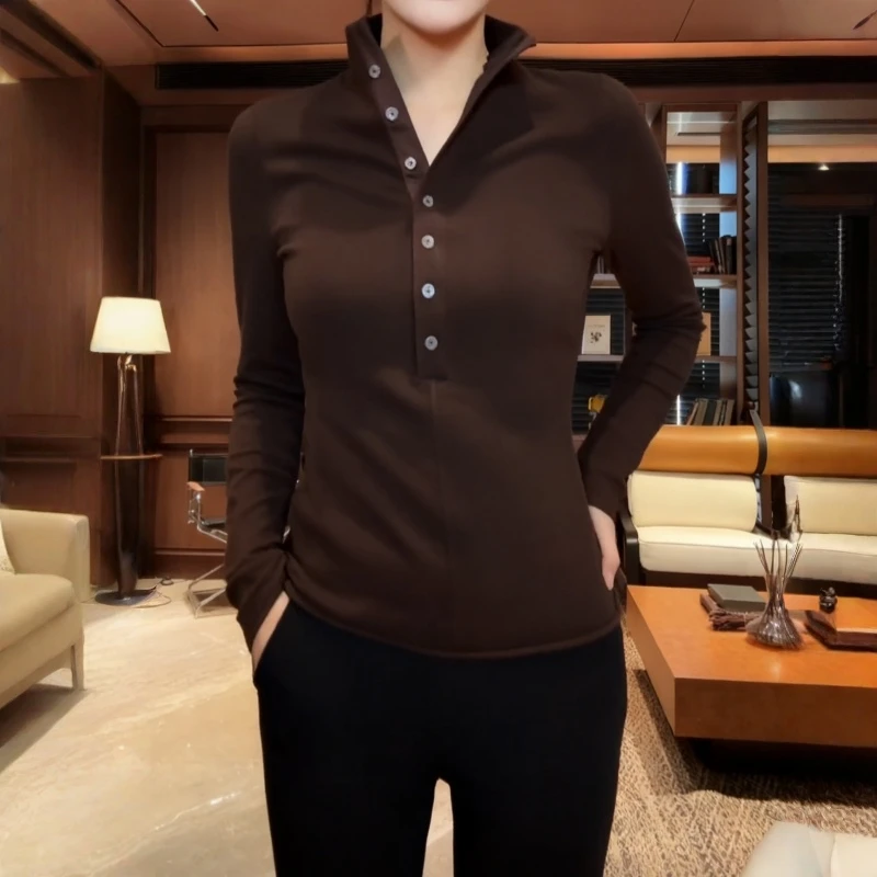 冬季新款设计感单排扣半高领气质百搭T恤女士修身保暖长袖打底衫