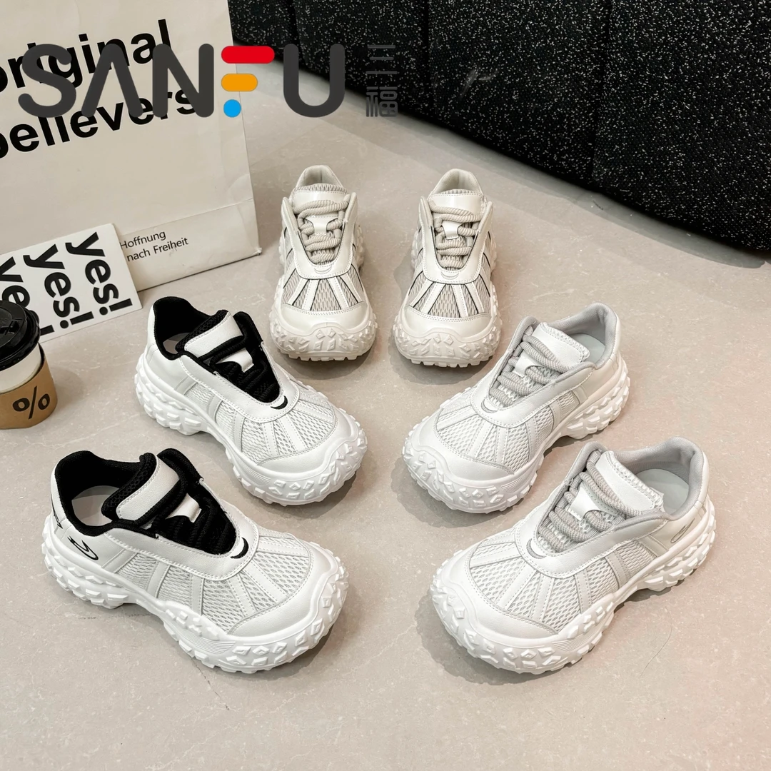 三福欧货系带厚底老爹鞋女2025夏新款网面透气百搭增高运动休闲鞋