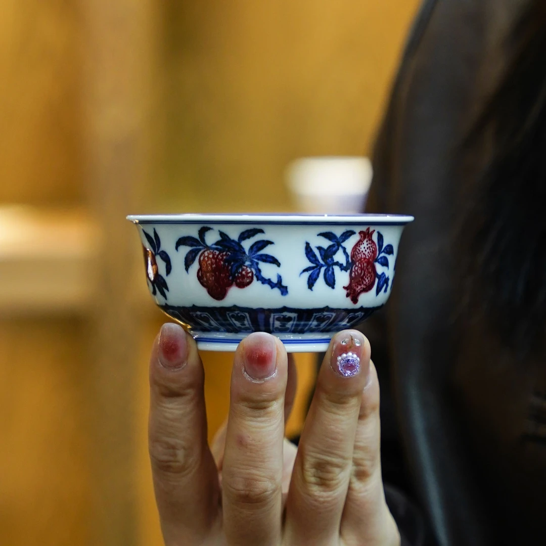 永明尚玩   青花釉里红三果矮杯  纯手工陶瓷喝茶饮茶