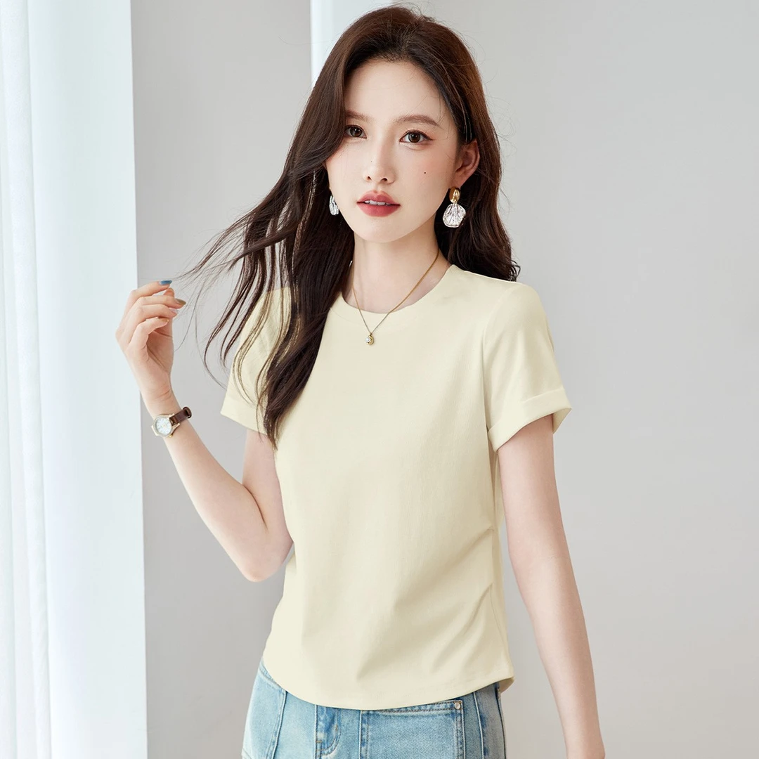 2025夏季爆款T恤圆领短袖卷边压褶修身显瘦百搭休闲简约女装上衣
