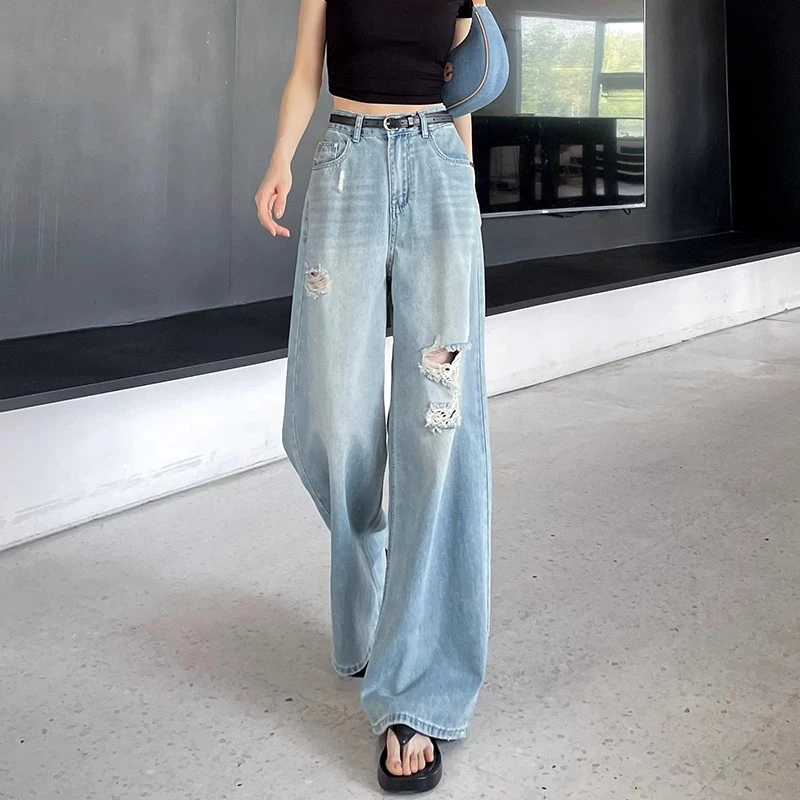 复古破洞阔腿牛仔裤女夏季薄款2025新款高腰垂感宽松显瘦直筒裤潮