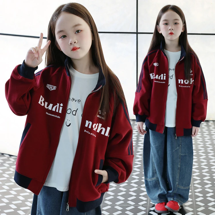 美式撞色三条杠运动立领卫衣外套女童春秋宽松百搭开衫夹克上衣