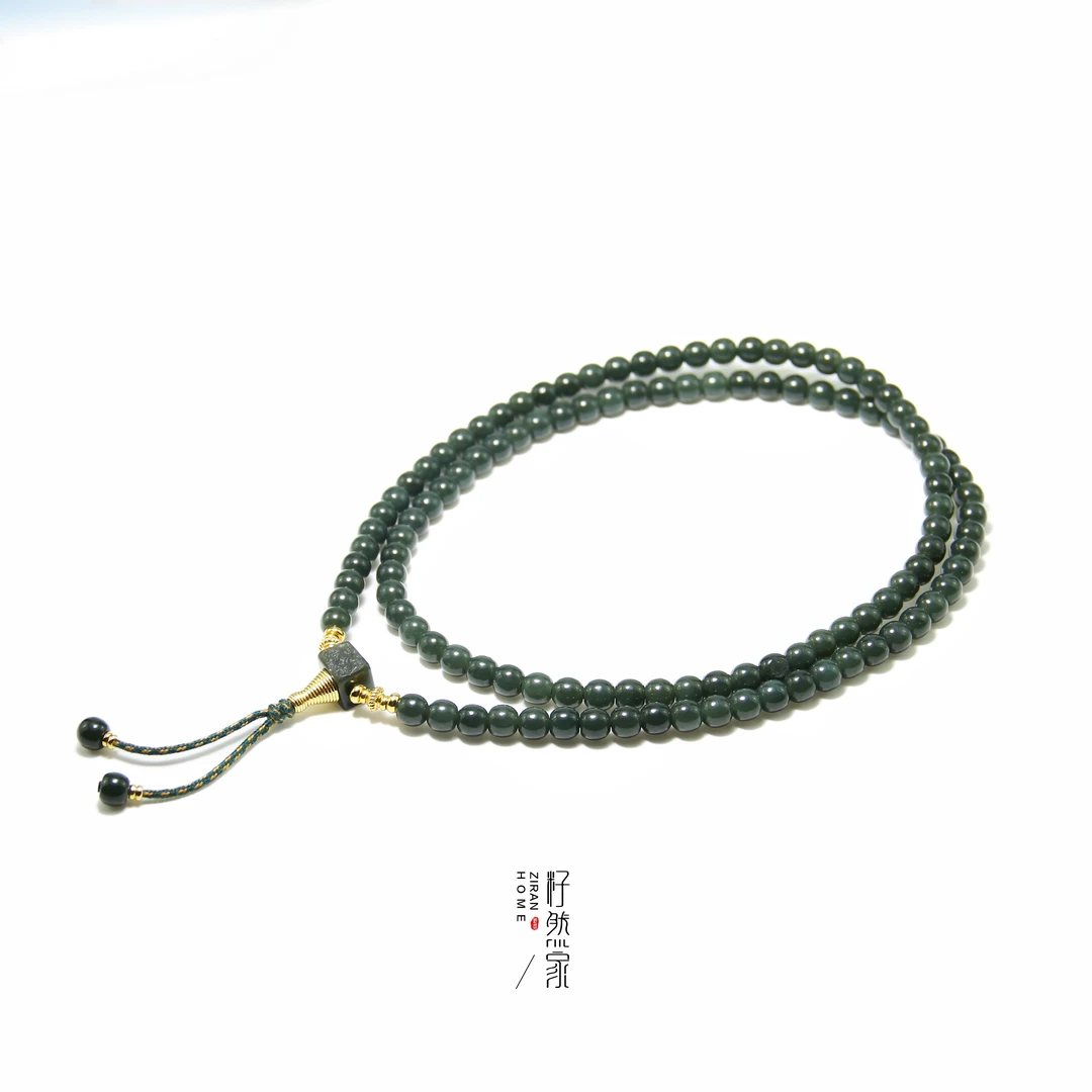 天然新疆和田玉原矿老油料皮勒青玉留皮精工108颗卡6mm长链长款