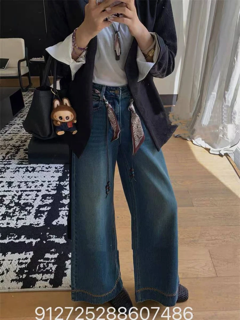 民族风腰带2025新款爆款阔腿裤女秋款高腰宽松牛仔裤裤子高腰9127