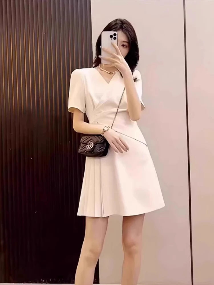 法式小香风百褶连衣裙女夏季大码胖mm收腰气质减龄高级感短款裙子