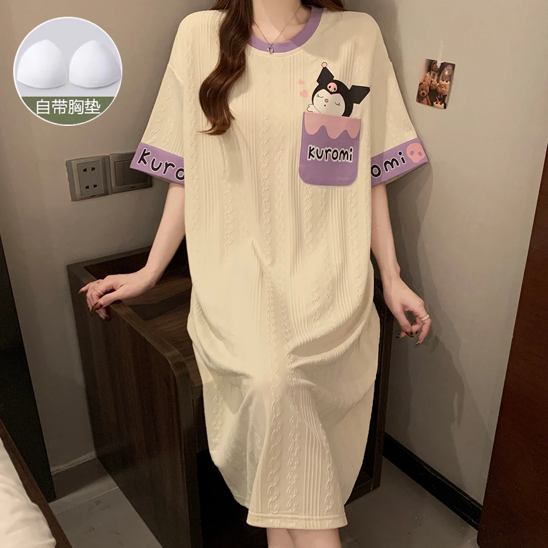 夏季新款甜美带胸垫短袖睡裙卡通韩版宽松中长款睡裙可外穿家居服