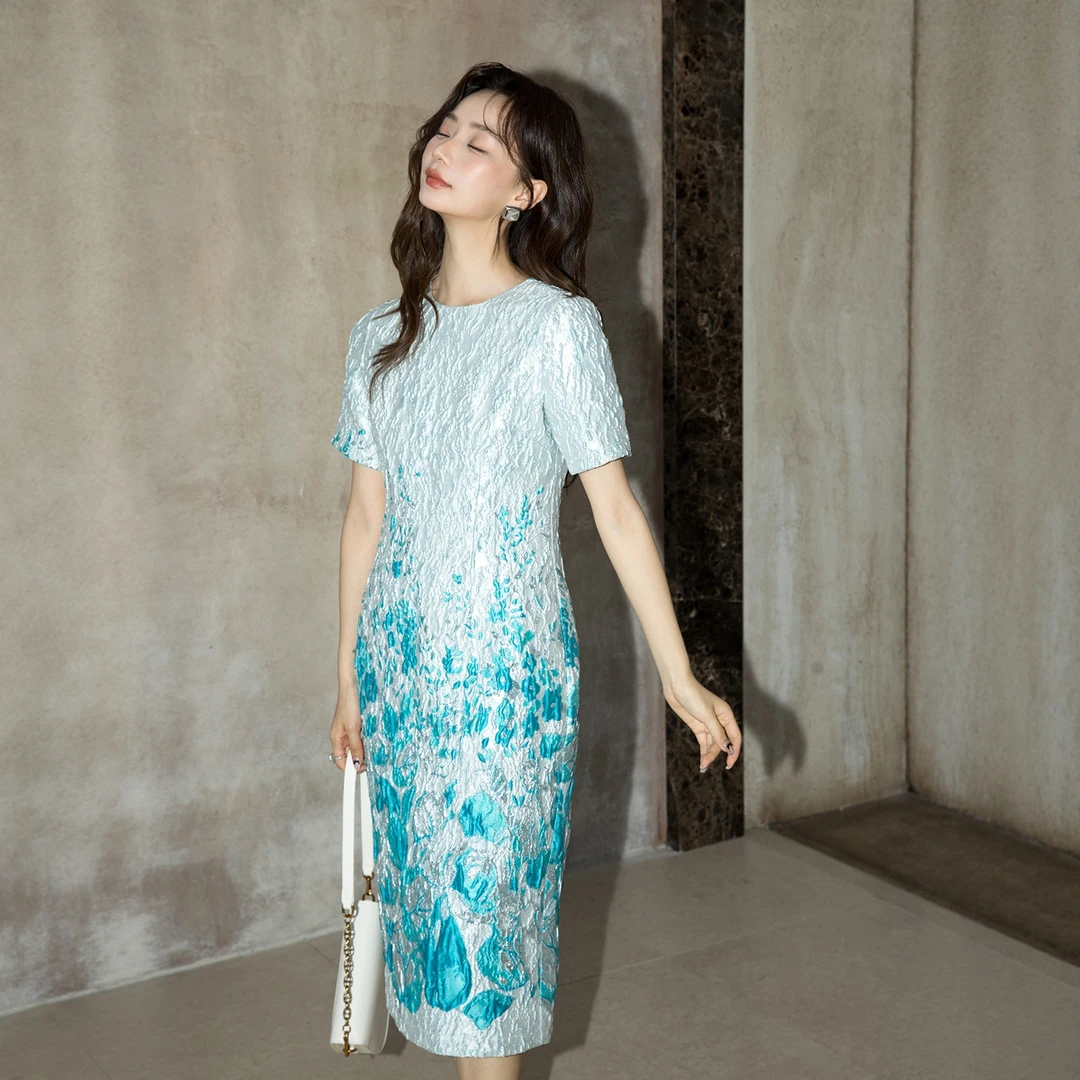 富家千金高级感设计感花朵短袖提花气质连衣裙度假正式场合2239