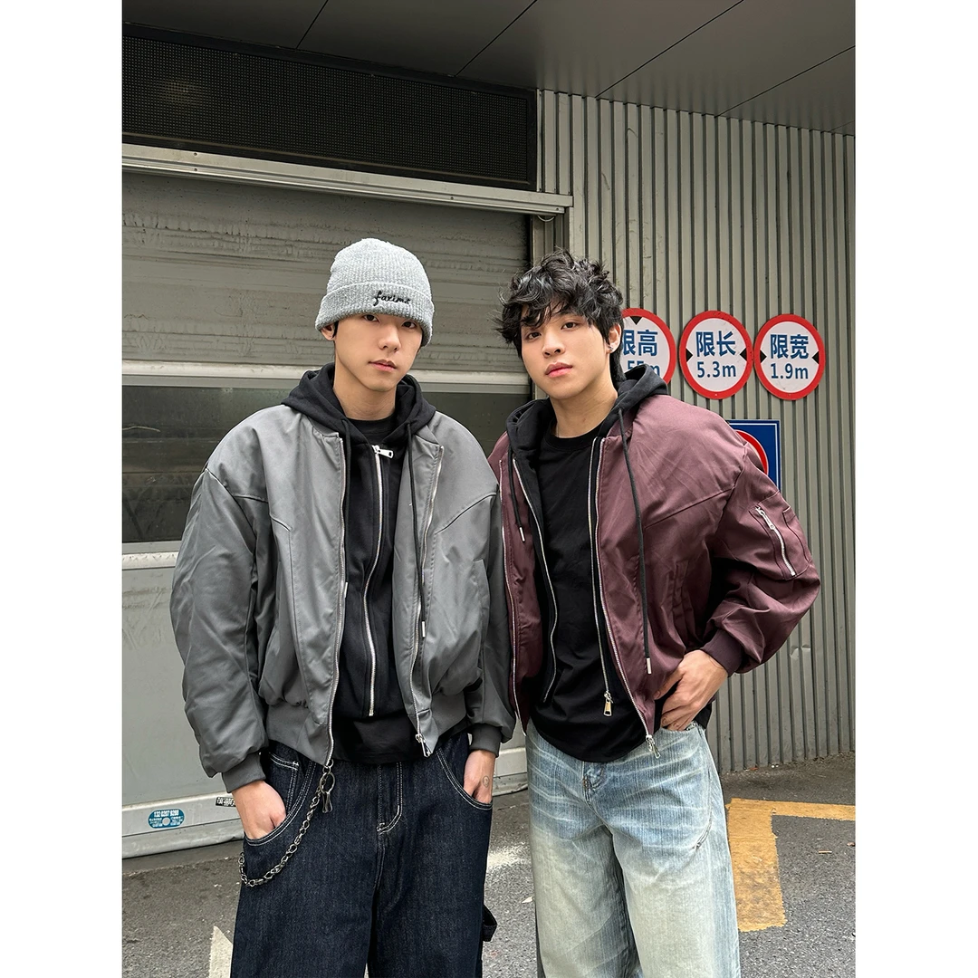 Faxims Store美式假两件棉服夹克飞行服外套男秋冬休闲设计感棉衣