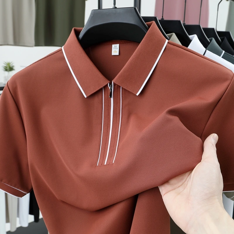 夏季短袖纯色拉链免烫Polo衫速干透气百搭修身薄款上衣