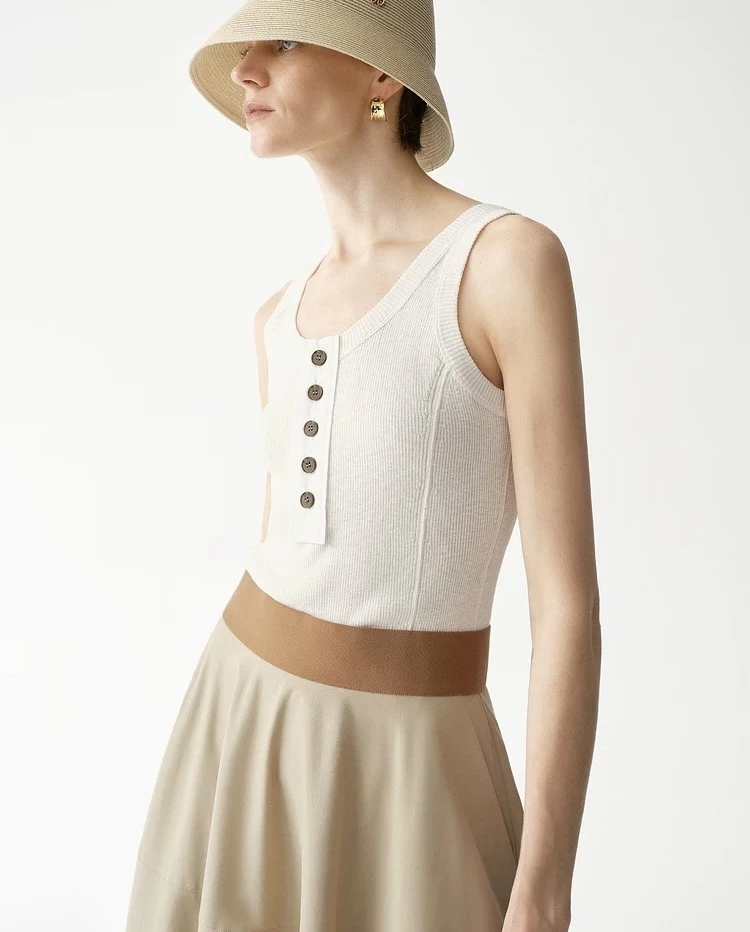 254132-ED 夏季新款丝绵亚麻U型针织背心